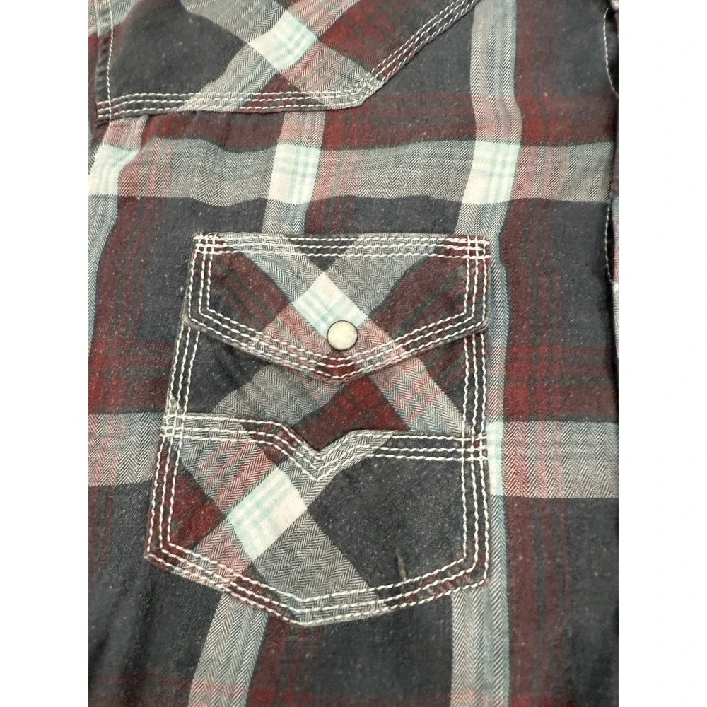 BKE Pearl Snap Shirt Plaid Thick Stitch Mens Size Large Athletic Fit Punk Grunge